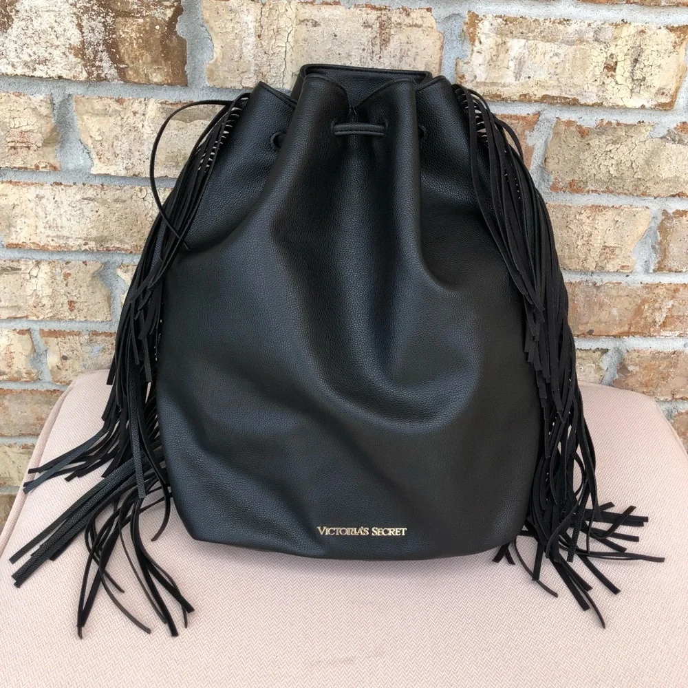 Victoria's Secret Black Fringe Drawstring Faux Leather Backpack